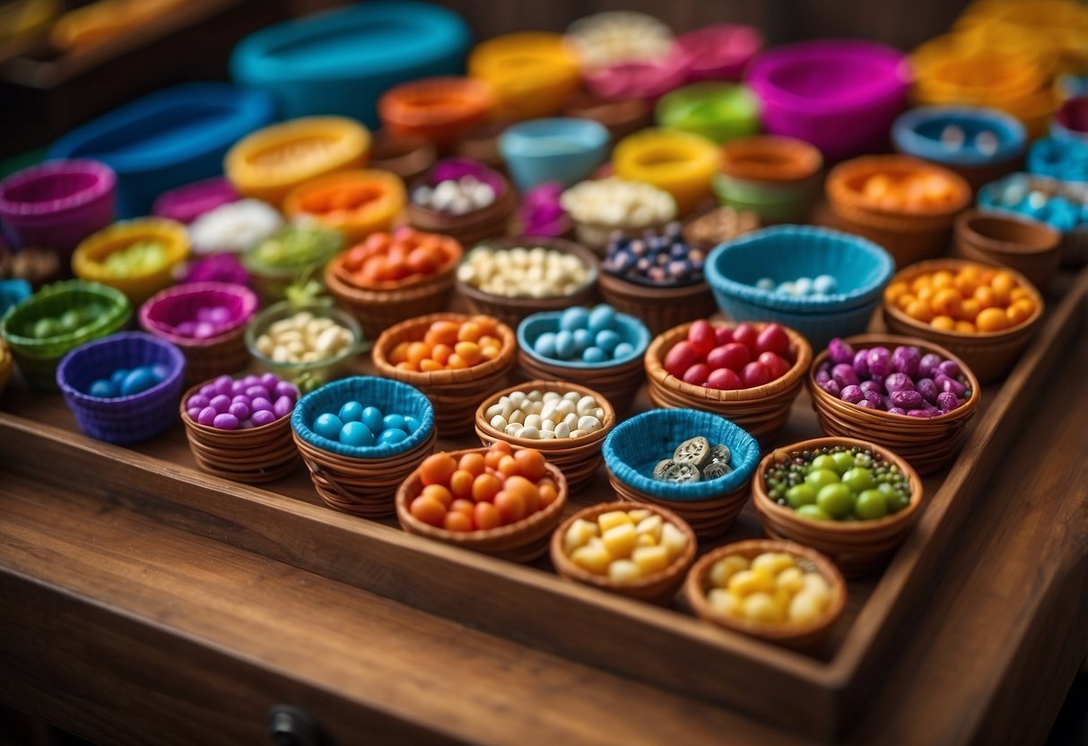 A tiered tray holds 22 miniature baskets, each filled with decorative items. The trays are arranged in a visually appealing manner, with various colors and textures creating an eye-catching display