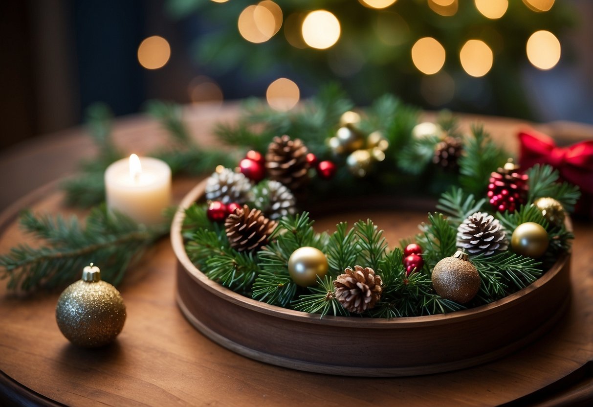 Miniature wreaths arranged on a tiered tray, adorned with festive ribbons and ornaments. The tray sits on a rustic table, surrounded by twinkling lights and seasonal greenery