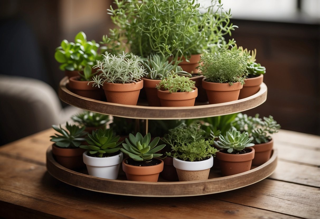 A tiered tray with tiny potted herbs arranged in a visually appealing manner, creating a charming and rustic decor display