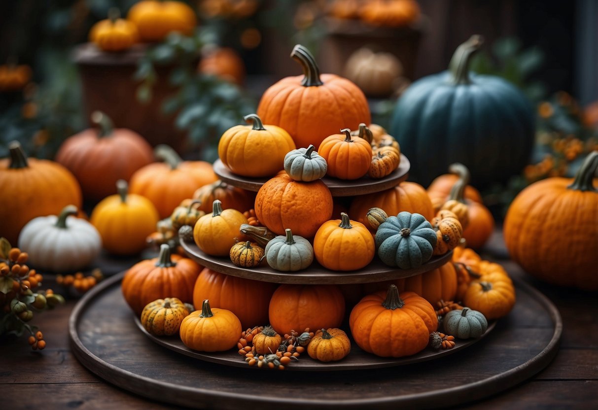 A tiered tray adorned with mini pumpkins in various sizes and colors, arranged in a visually appealing manner