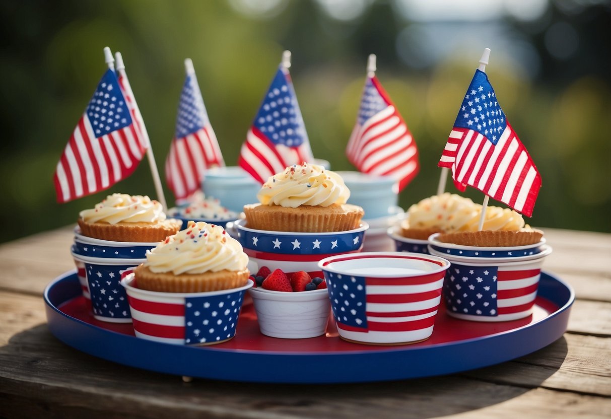 A tiered tray adorned with patriotic flags, bunting, and red, white, and blue decor. Perfect for a festive celebration or patriotic event