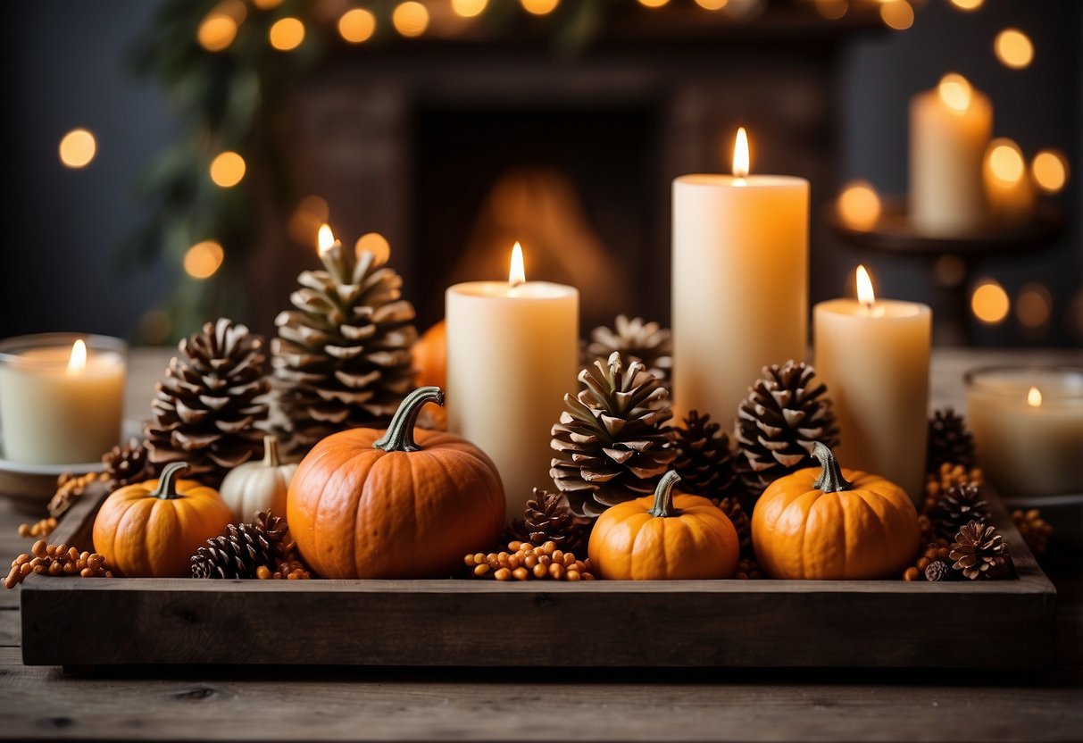 A tiered tray adorned with seasonal decor - pumpkins, pinecones, and autumn leaves. Candles flicker, adding warmth to the cozy display