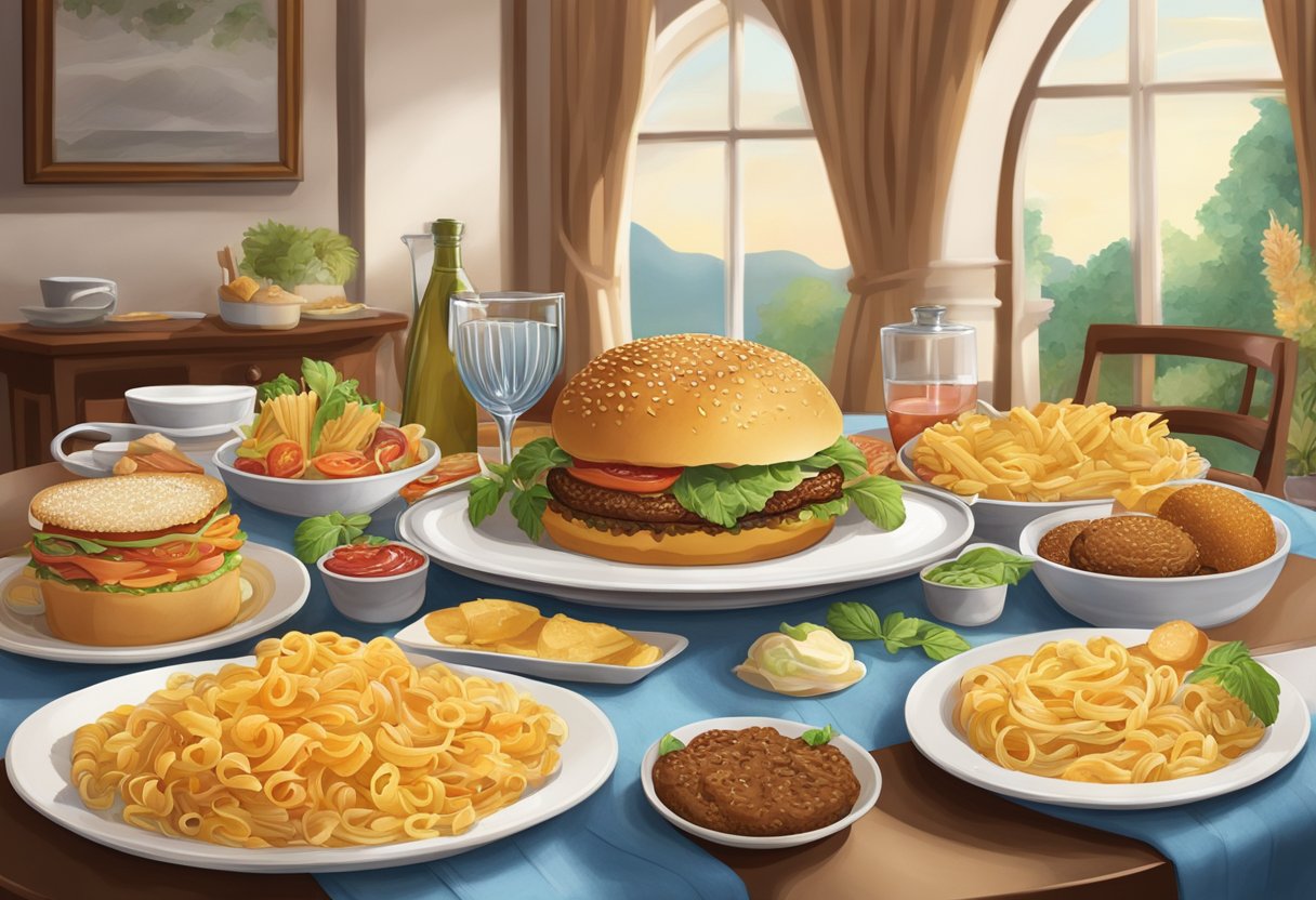 A table set with a large spread of food, including a heaping plate of pasta, a towering burger, and a decadent dessert