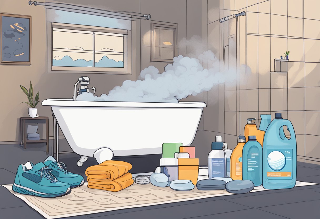 Steam rises from a tub of hot water, surrounded by towels and bath products. A pair of running shoes sit nearby, indicating a post-run recovery