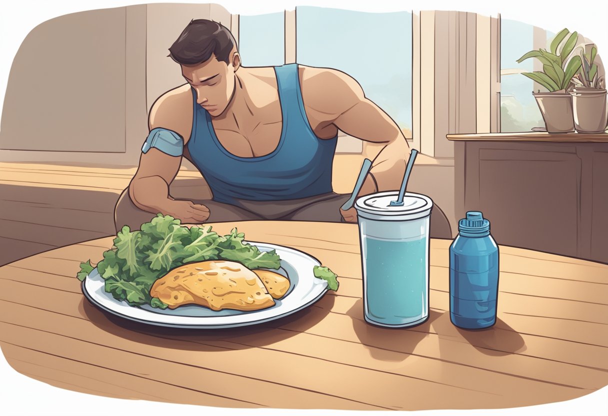 A plate of untouched food beside a discarded protein shake bottle, while a tired runner slumps in a chair, looking exhausted