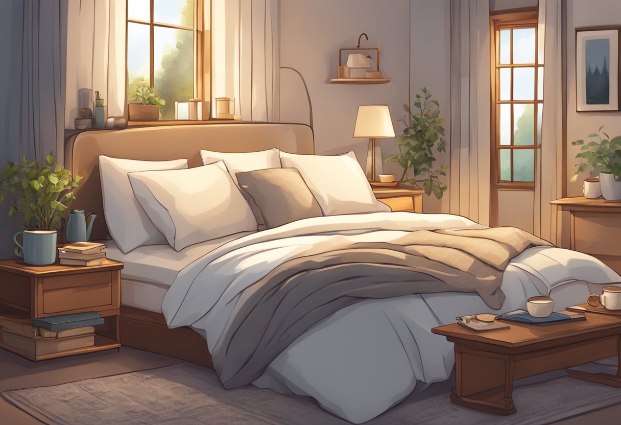 A cozy bed with soft pillows and a warm blanket, surrounded by calming elements like a dim lamp, a book, and a cup of herbal tea