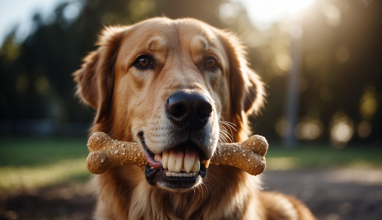 A large dog eagerly chews on a hearty, bone-shaped treat. Its tail wags happily as it enjoys the best dog treat