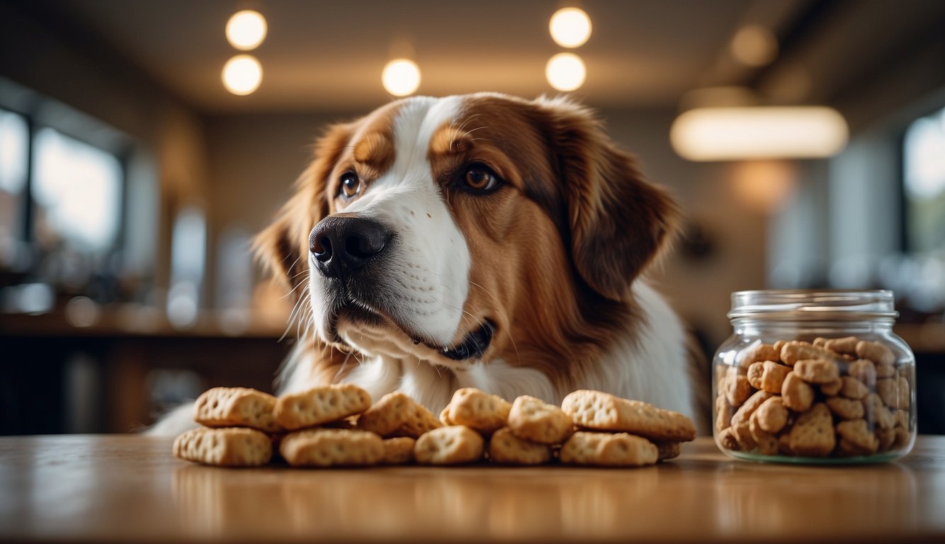 A large breed dog eagerly selects a proper treat from a variety of options, showcasing the importance of choosing the best dog treats for their size