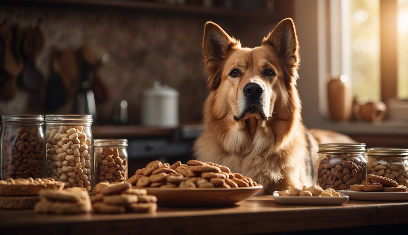 A large dog standing next to a variety of dog treats, with a focus on the size and ingredients of the treats