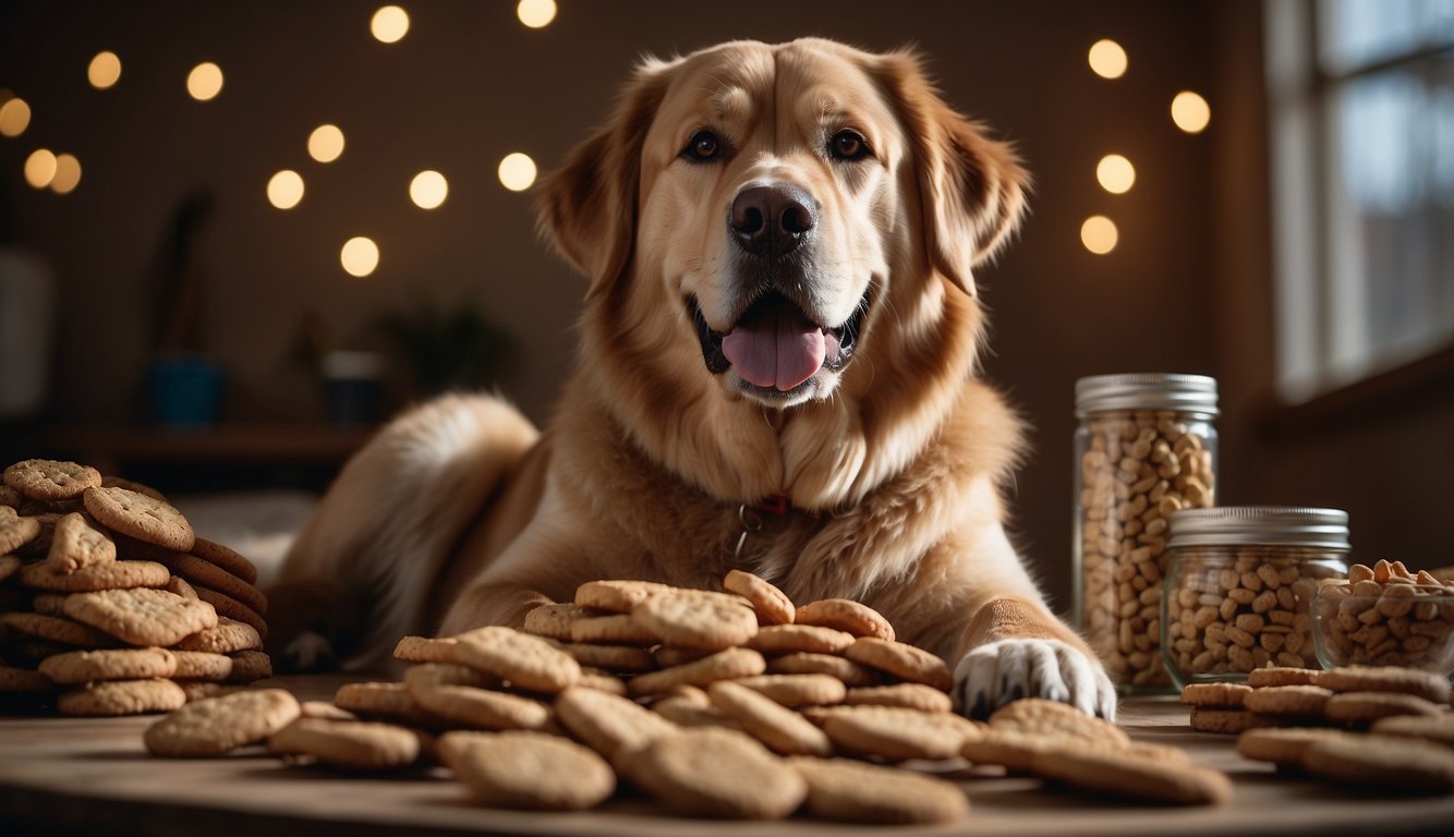 A large breed dog sitting next to a pile of recommended dog treats, with a happy expression and wagging tail