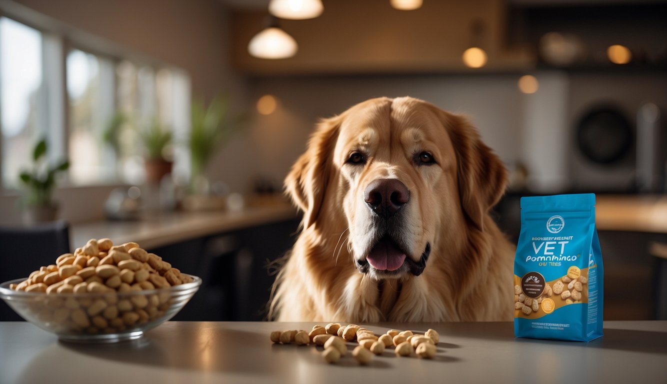 A large dog eagerly sniffs a bag of Vet-Recommended Treats, with the product prominently displayed and a bold "Discover Our Vet-Recommended Treats" call-to-action