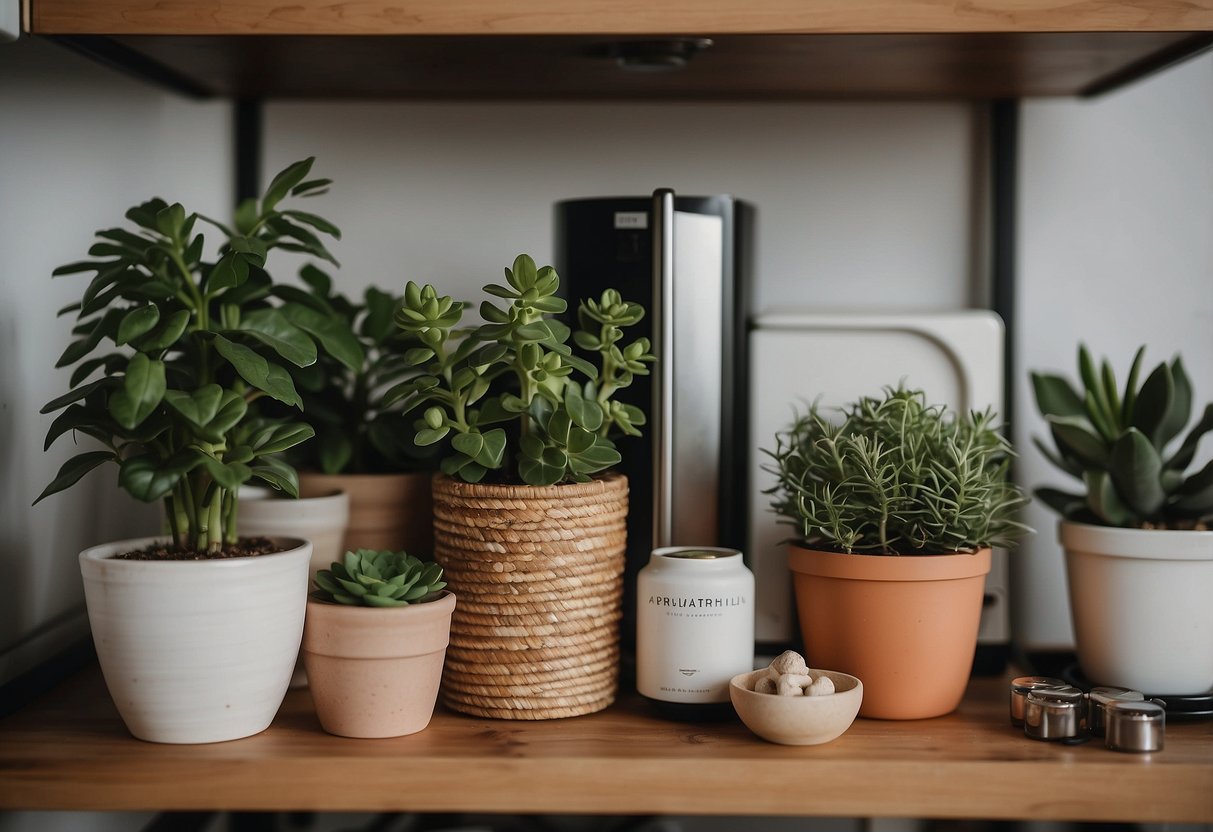 Various decorative items arranged on top of a kitchen fridge, including potted plants, framed artwork, and decorative trays