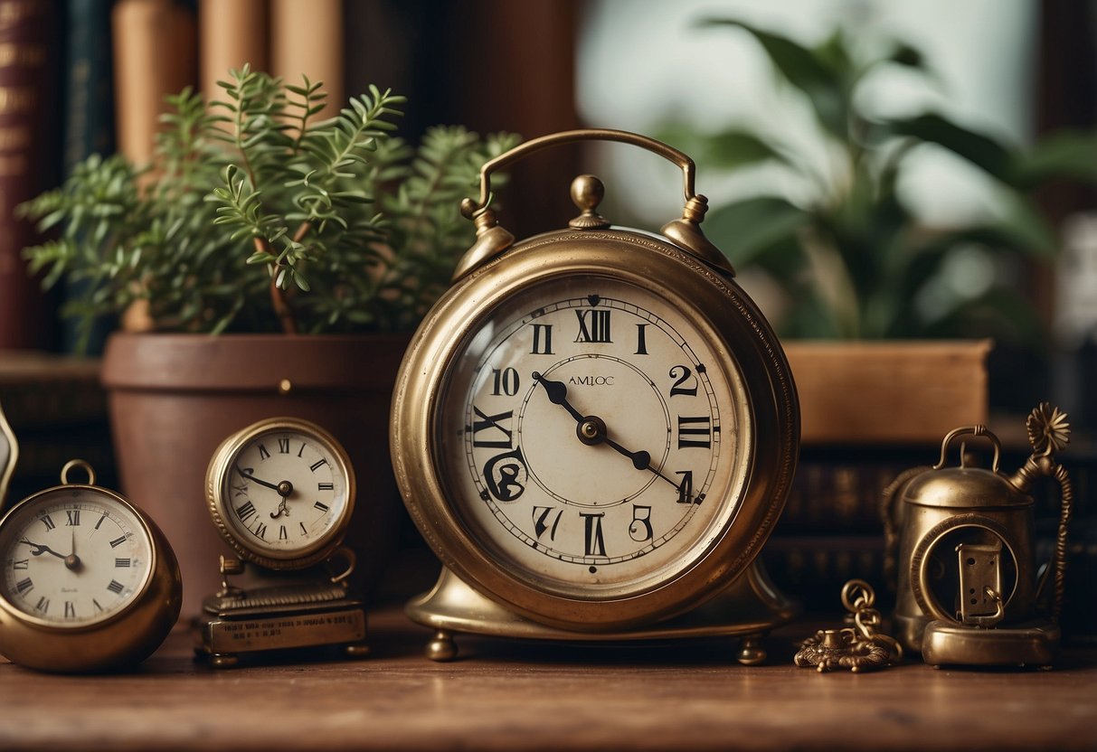 A collection of antique clocks arranged on top of a vintage fridge, surrounded by decorative items such as plants, books, and small trinkets