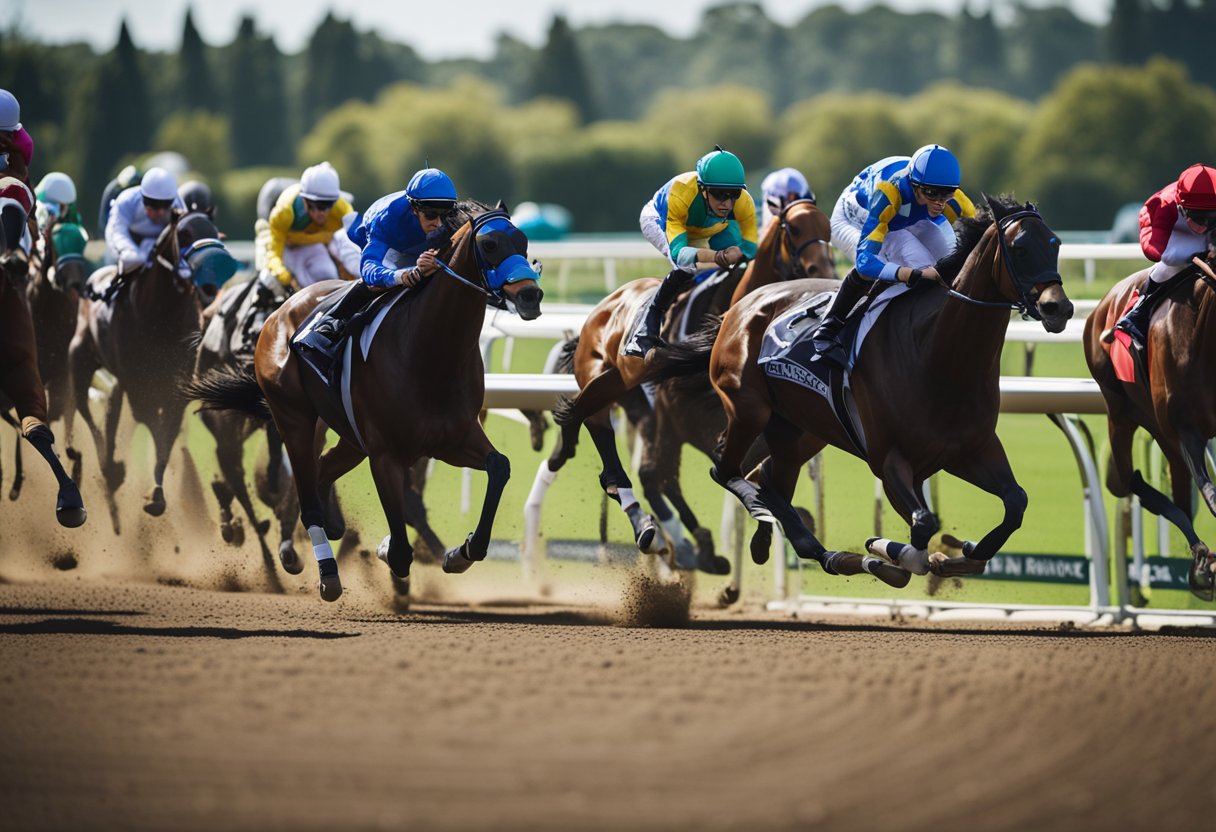 Horses racing on a track, odds changing on a digital board, spectators watching intently, and bookmakers adjusting their prices