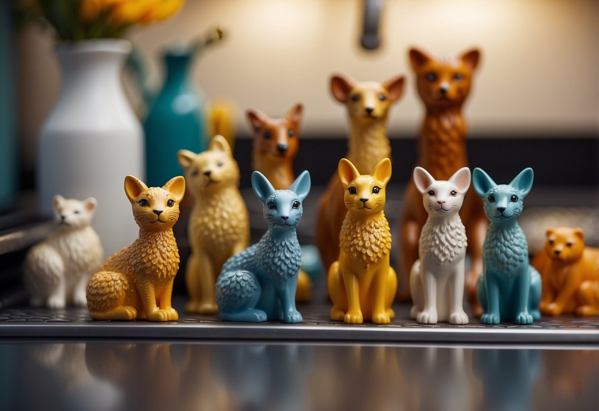 A collection of ceramic animal figurines arranged on top of a fridge, adding a touch of whimsy to the kitchen decor