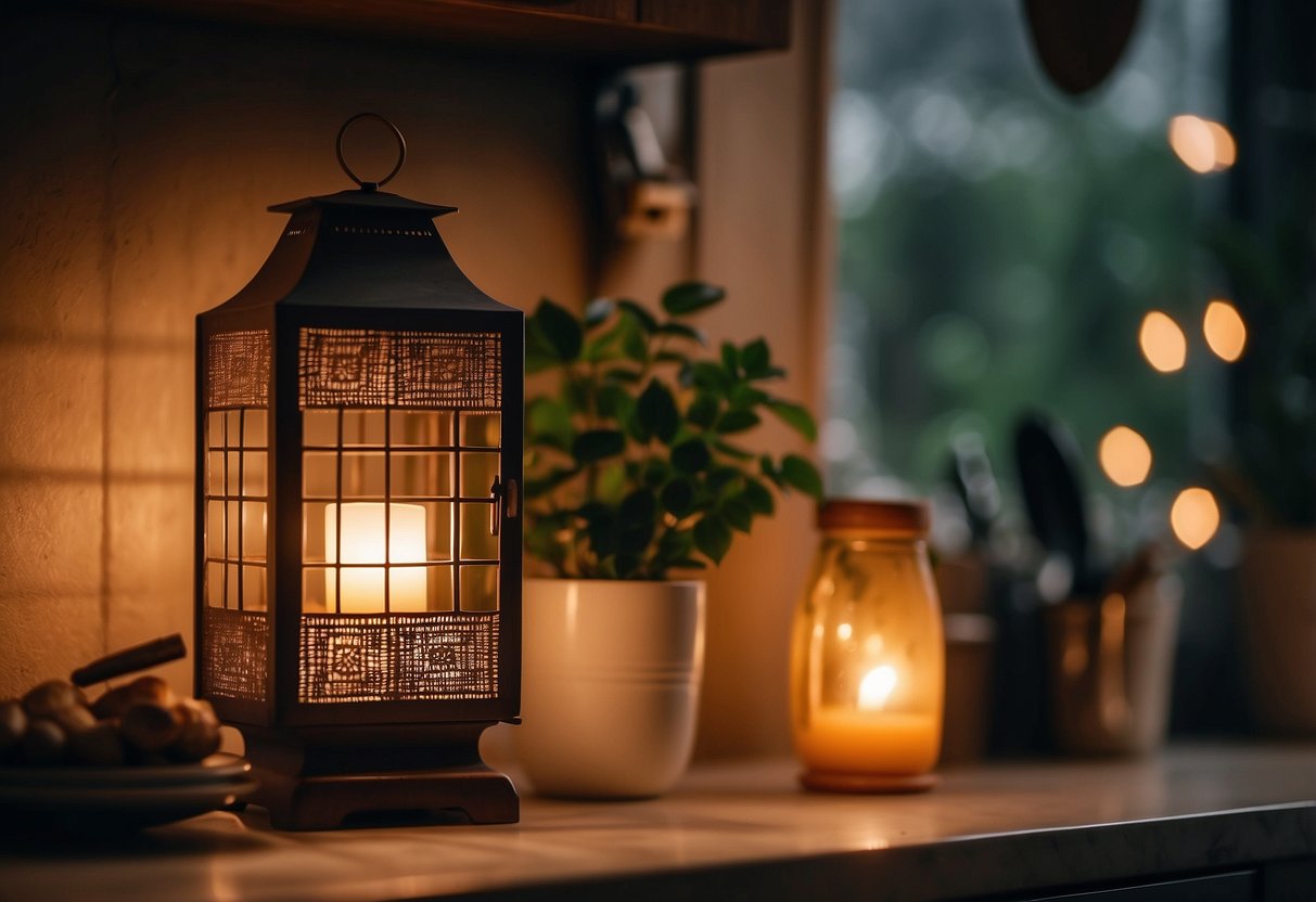 Rustic lanterns arranged on top of a fridge, casting a warm glow in a cozy kitchen setting