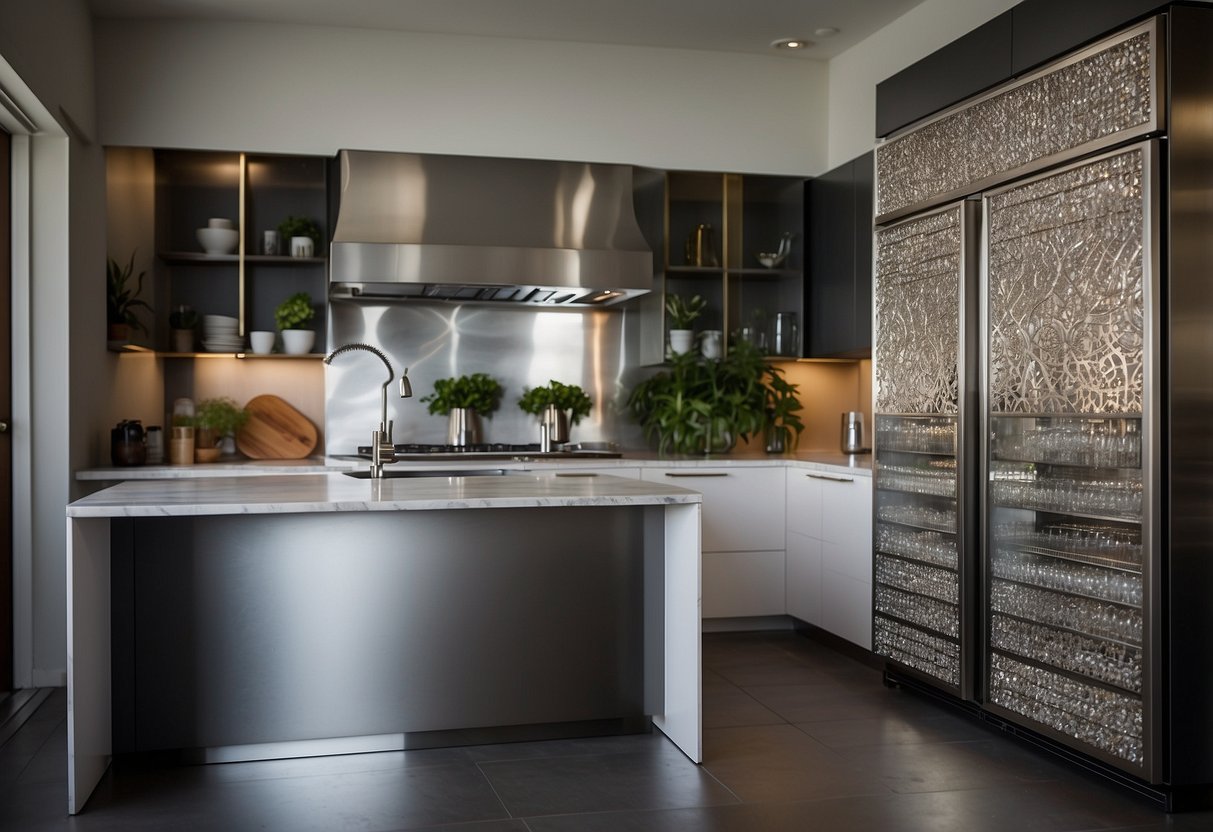 A metal wall art piece hangs above a modern stainless steel fridge, adding a touch of elegance to the kitchen. The intricate design and metallic finish catch the light, creating a striking focal point in the room