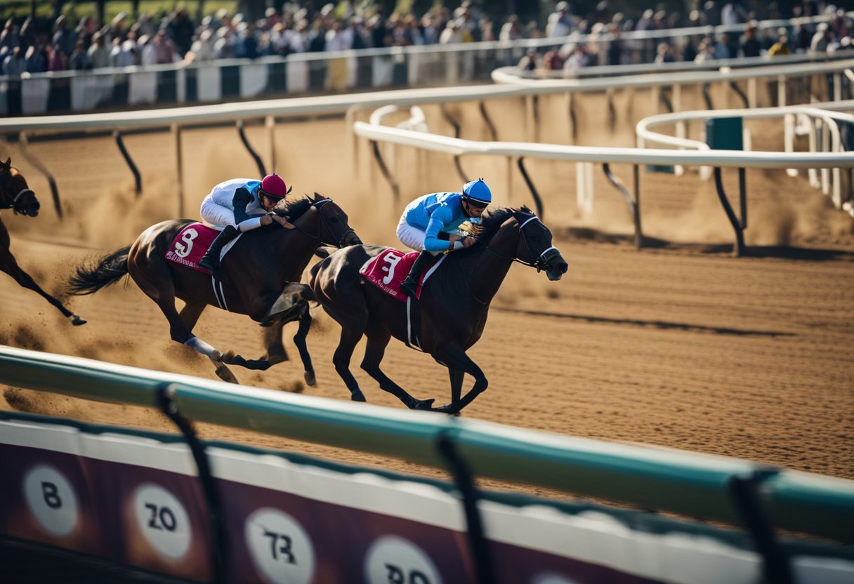 Horses racing on a track, with a crowd of spectators watching. Odds boards and betting windows nearby. Jockeys in colorful silks riding the horses