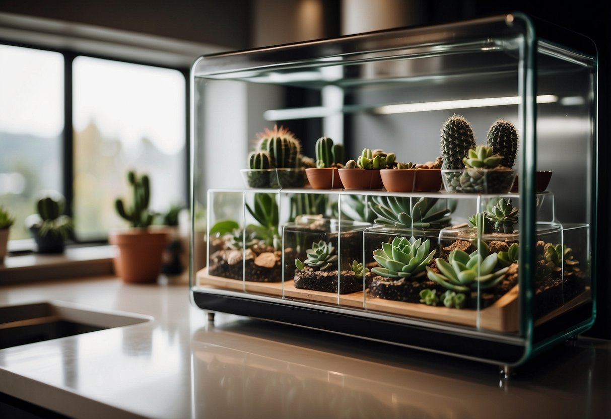 A collection of geometric terrariums sits atop a sleek, modern fridge. The terrariums feature a variety of succulents and cacti, adding a touch of greenery to the kitchen decor