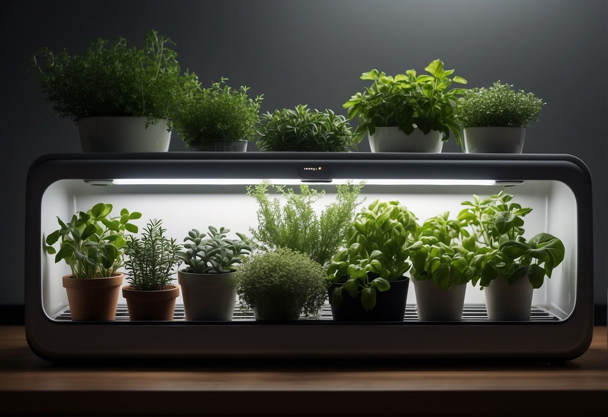 Lush green potted herbs sit atop a sleek fridge, adding a touch of natural beauty to the kitchen decor