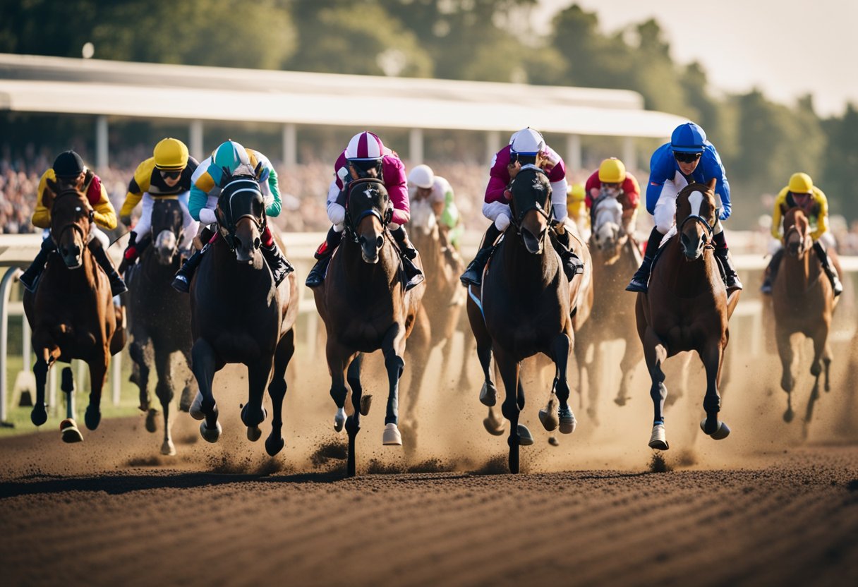 Horses racing around a track, with spectators cheering and placing bets. Jockeys urging their mounts forward, as the excitement and energy of the event fills the air