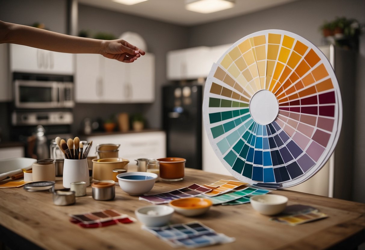 A kitchen scene with various color swatches and paint samples scattered on a table, while a hand reaches for a color palette on top of the fridge