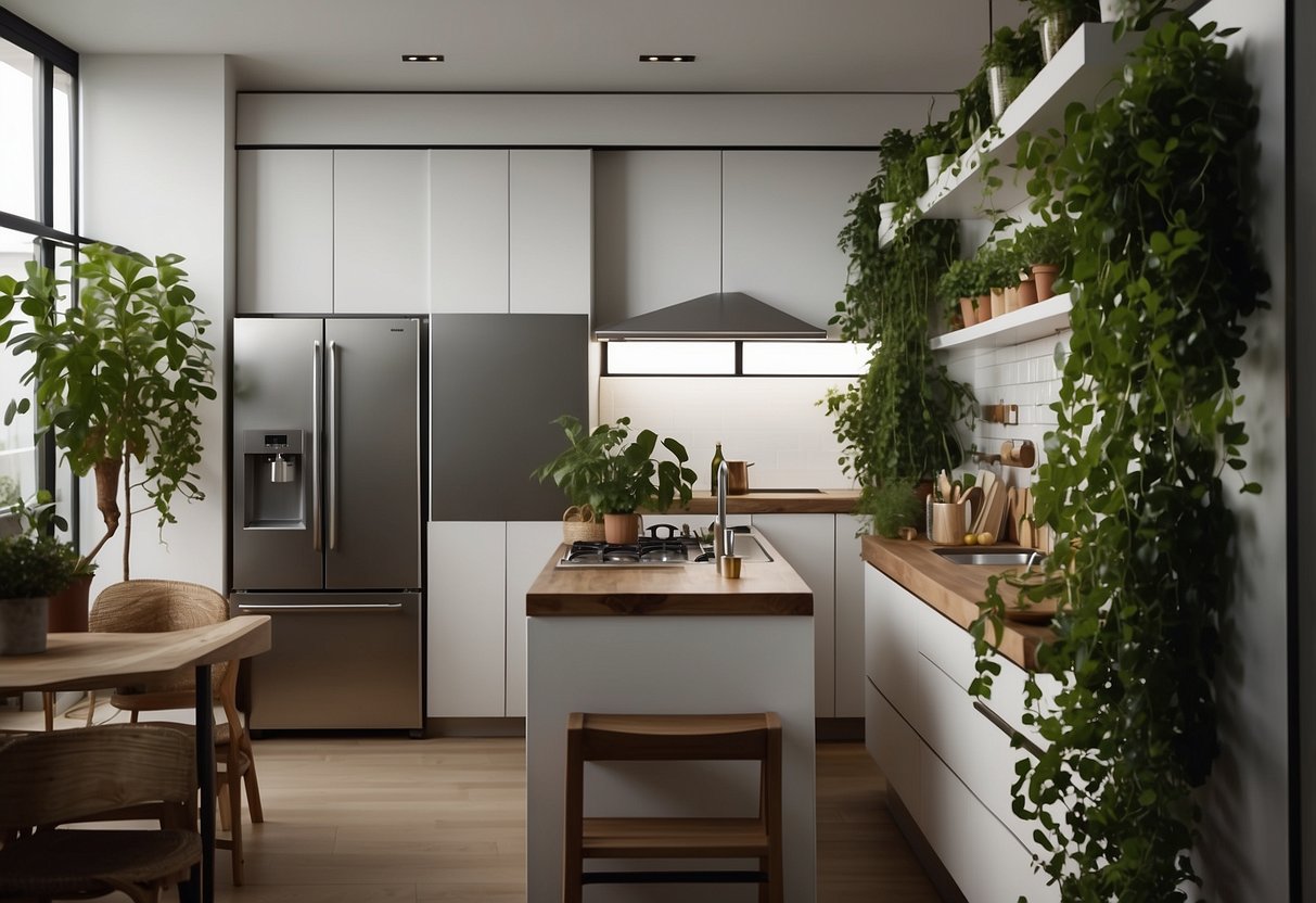 A row of potted plants and hanging vines adorns the top of a sleek, modern fridge, adding a touch of natural beauty to the kitchen