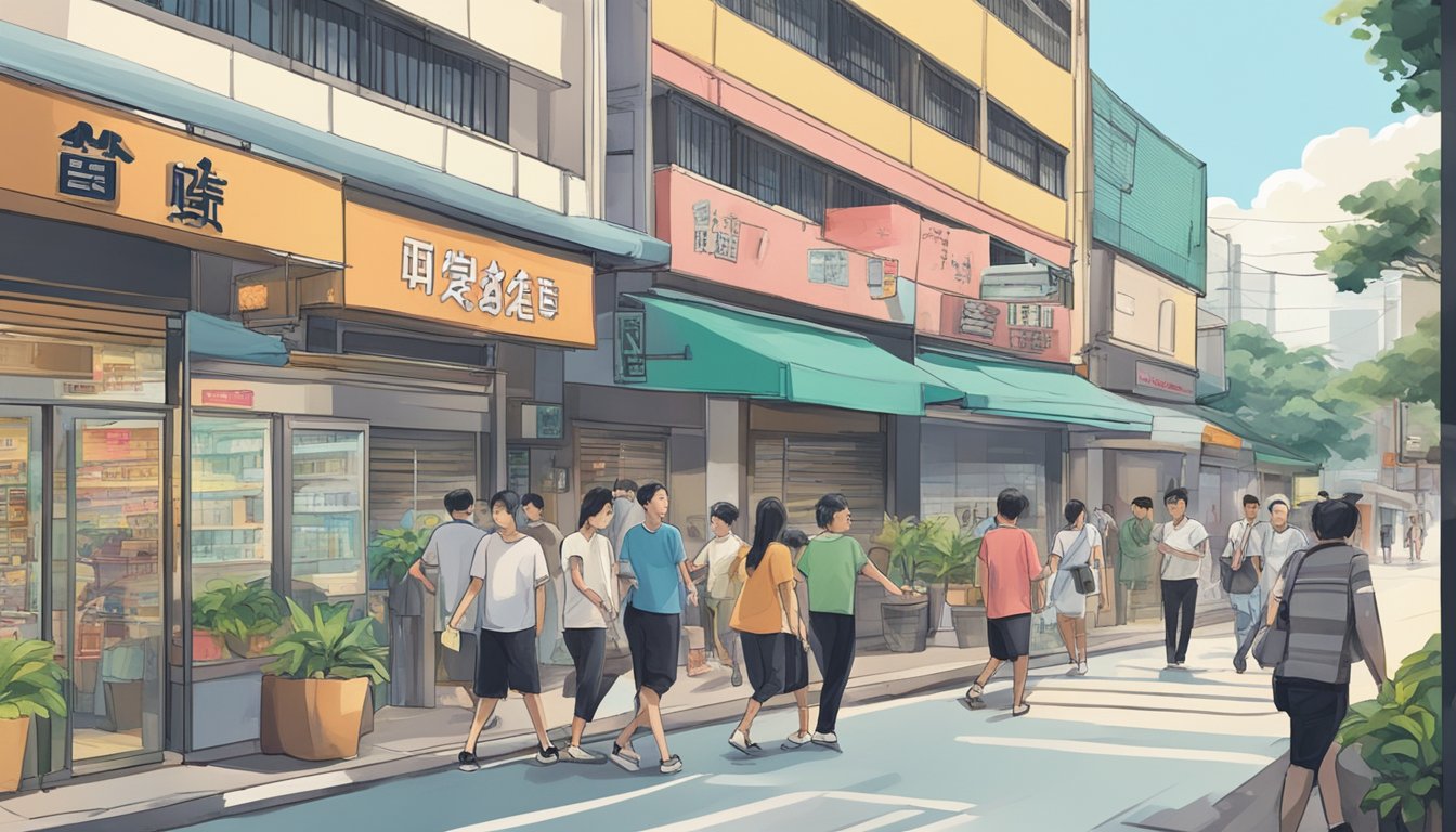 A bustling street in Ang Mo Kio, with a prominent sign reading "Best Licensed Money Lender." People are seen entering and exiting the establishment, while others pass by on the sidewalk