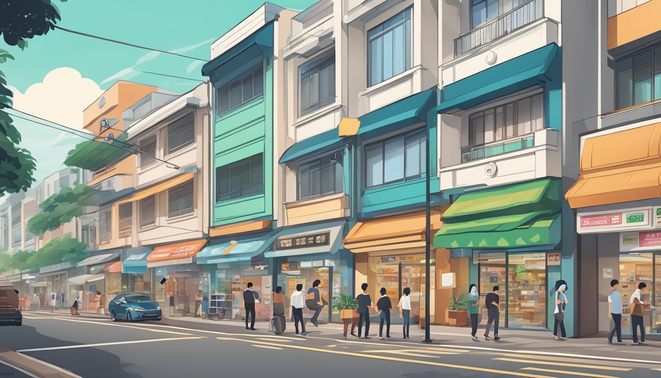 A bustling street in Ang Mo Kio, Singapore with a prominent storefront of a licensed money lender, displaying their accreditation and competitive loan offers