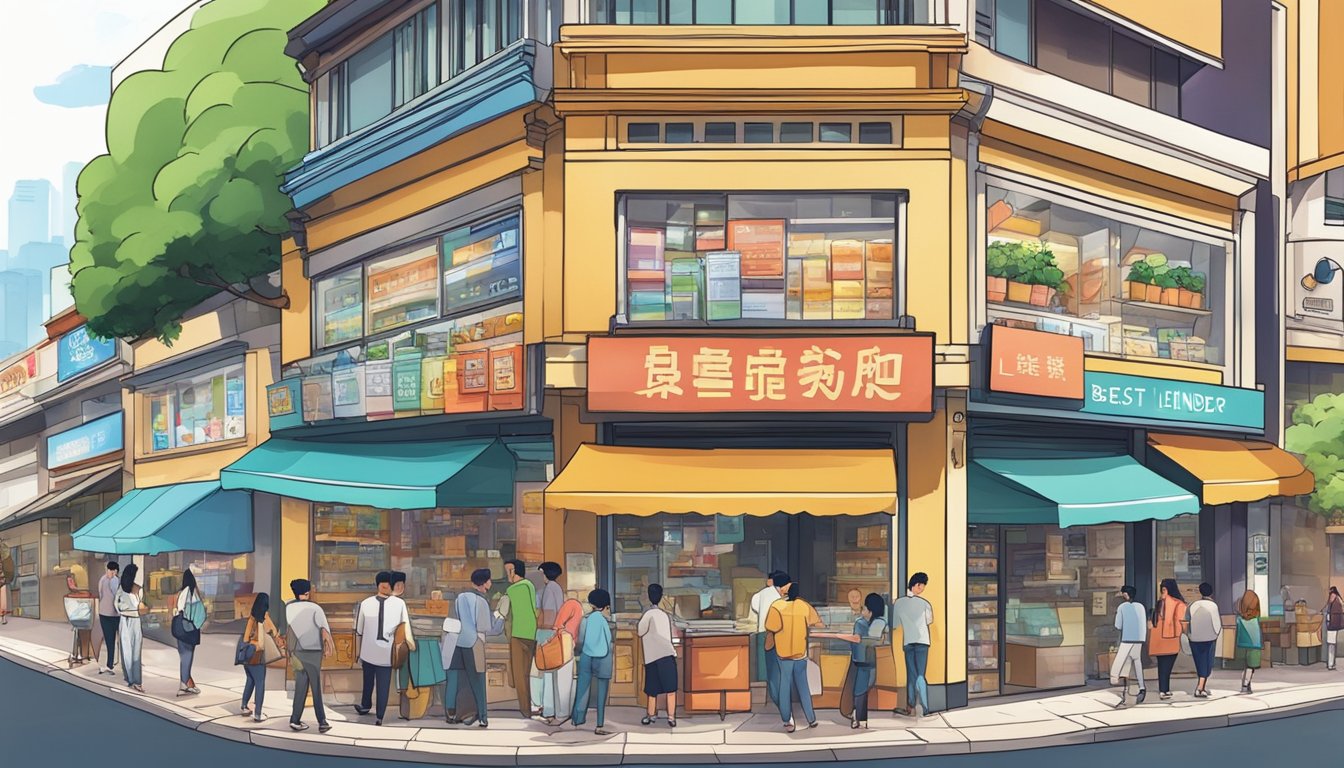 A bustling street in Ang Mo Kio, Singapore. A sign reading "Best Licensed Money Lender" hangs above a storefront, with people entering and exiting. The area is filled with various shops and businesses, creating a lively atmosphere