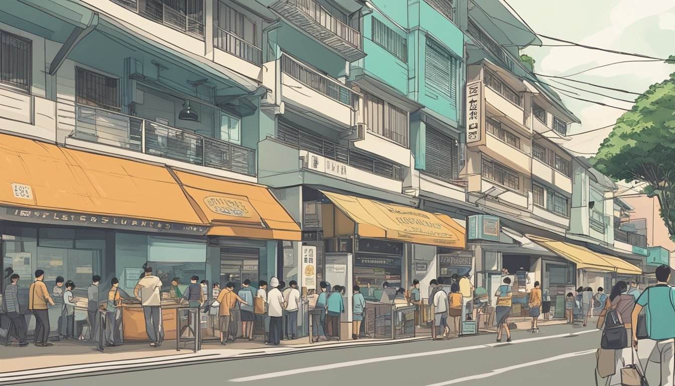 A bustling street in Ang Mo Kio, Singapore, with a prominent sign reading "Best Licensed Money Lender." People are seen entering and exiting the establishment, with a sense of trust and reliability in the air