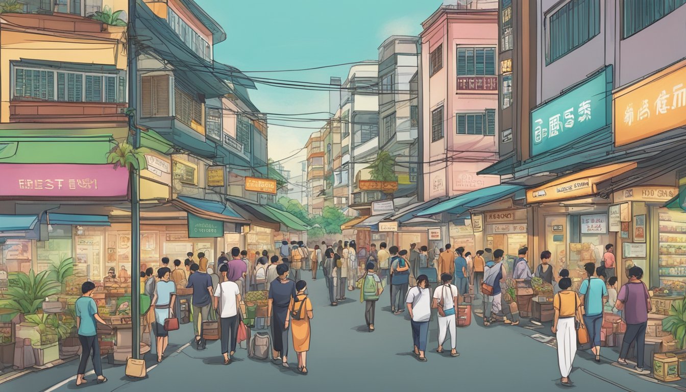 A bustling street near Havelock, Singapore, with a prominent sign reading "Best Licensed Money Lender." People are seen entering and exiting the establishment, while others are waiting in line. The surrounding area is filled with various shops and vendors, adding