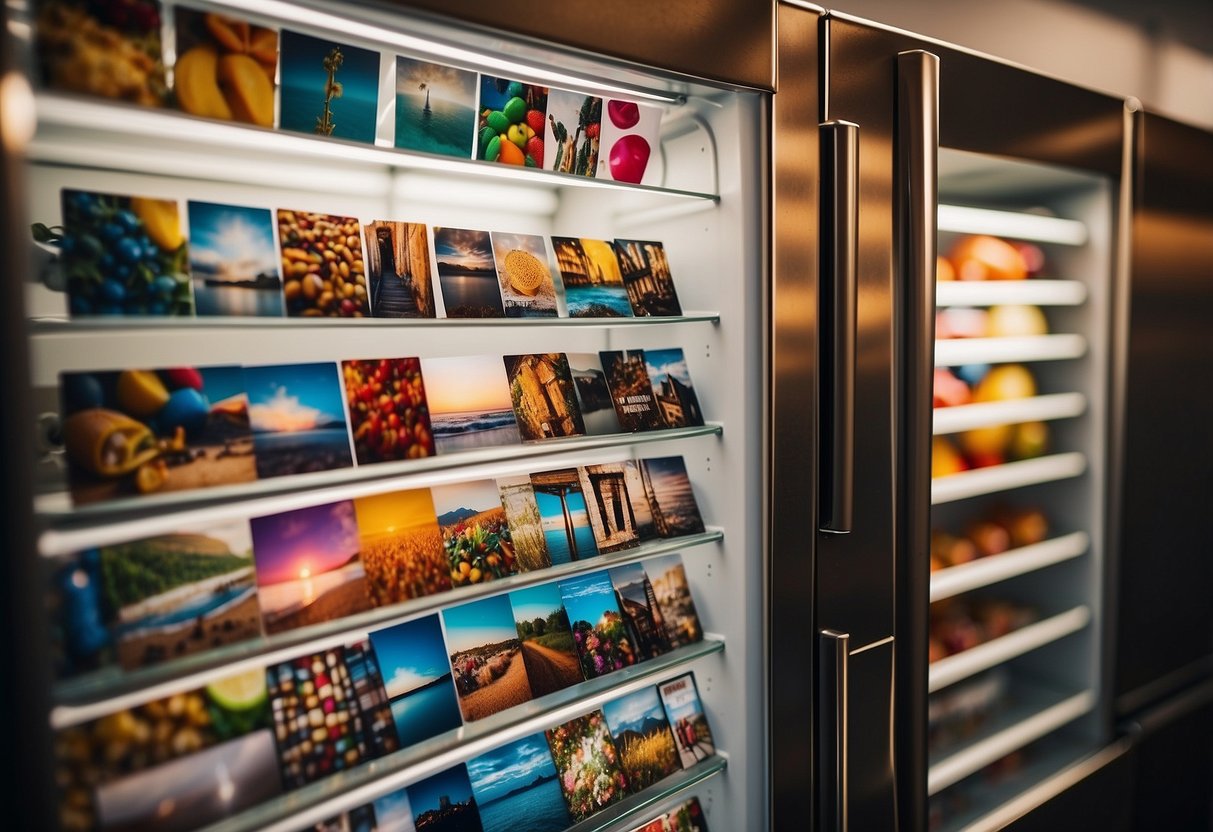 A variety of magnets, photos, and colorful artwork cover the surface of a refrigerator, creating a vibrant and personalized display