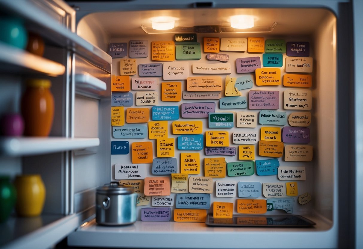 Colorful magnetic words arranged on a fridge, forming various phrases and poems. Bright background with kitchen elements