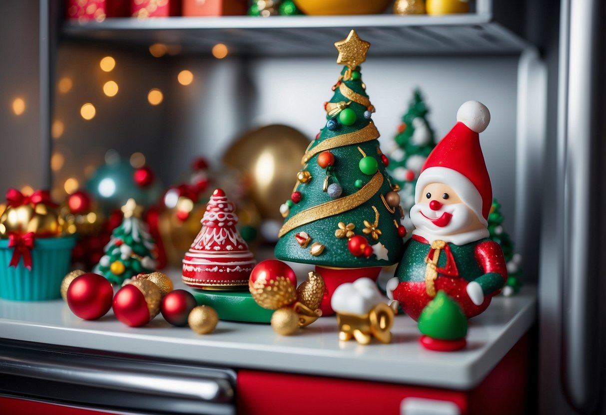 A festive kitchen scene with colorful holiday-themed magnets adorning a refrigerator, surrounded by various decorative items and cheerful holiday decor