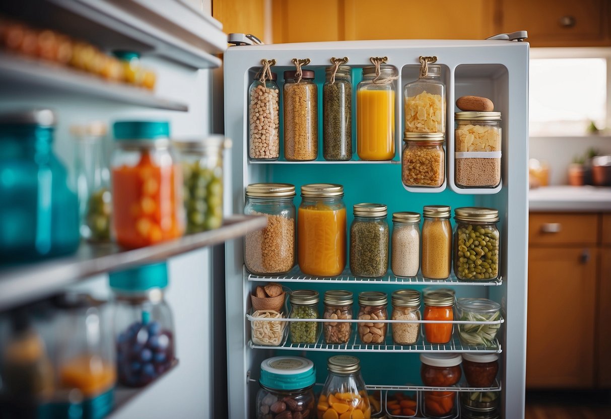 A fridge covered in colorful recipe holders, displaying various patterns and designs, adding a pop of color and personality to the kitchen