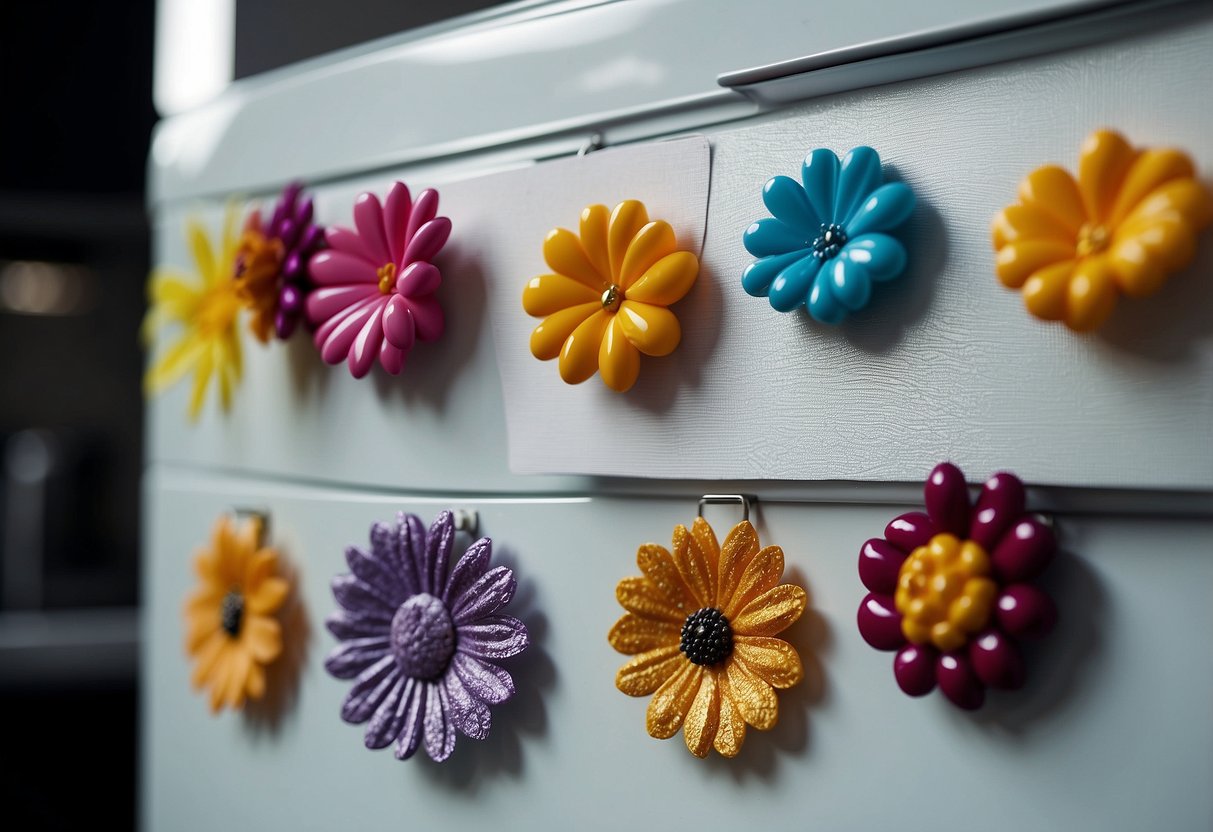 Colorful magnets hang from a fridge, holding up photos, notes, and artwork. A variety of decorative items, such as flowers and plants, add charm to the kitchen space