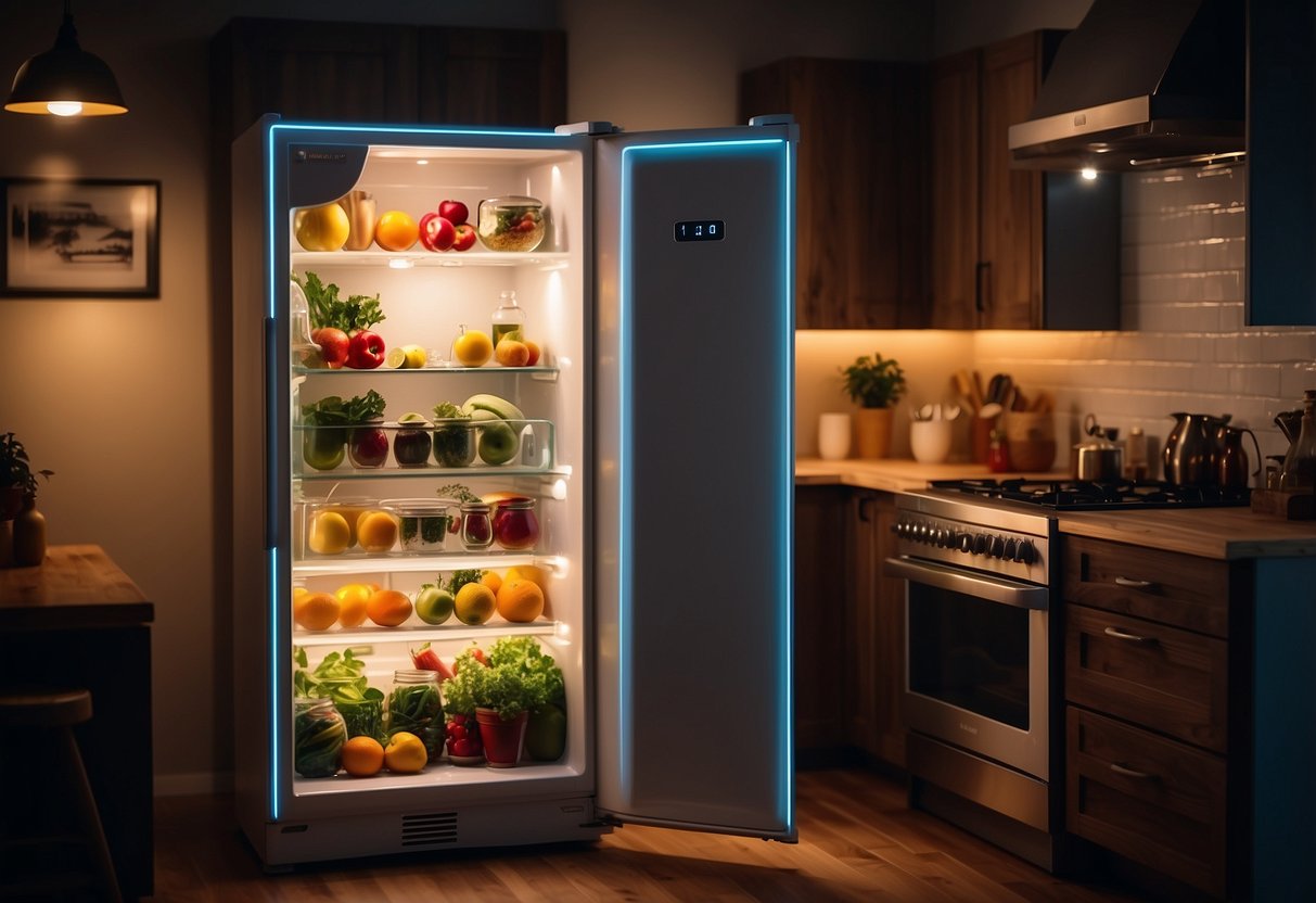 A fridge adorned with colorful LED string lights, casting a warm and inviting glow in a cozy kitchen setting