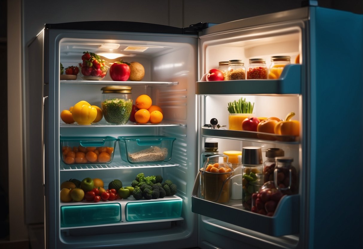 A colorful, organized fridge with various magnetic timers and decorations, creating a lively and functional kitchen space