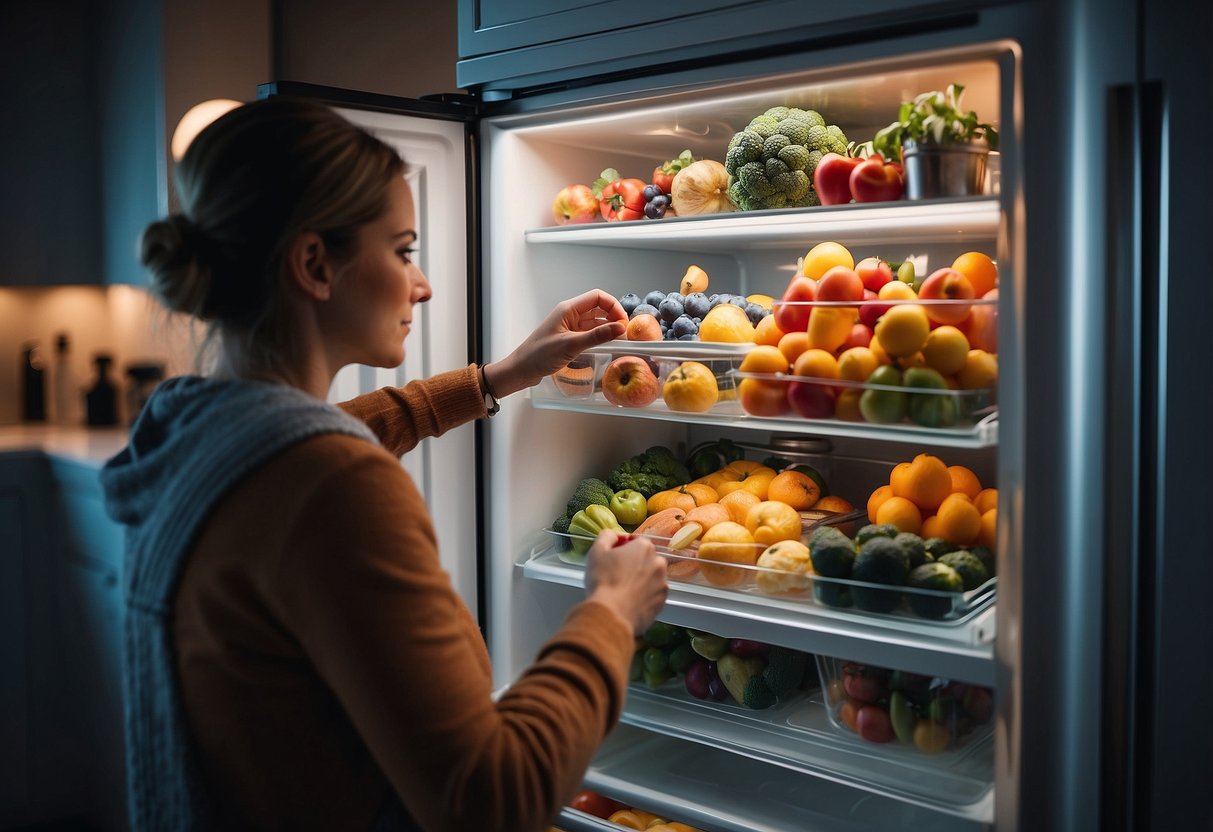 A person selecting decor items for their fridge, surrounded by various options such as magnets, stickers, and photos