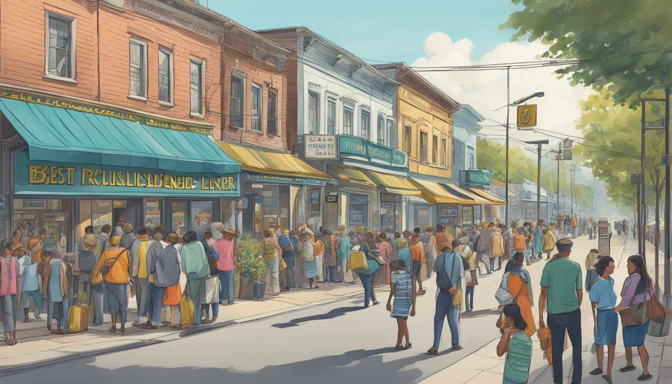A bustling street near Havelock, with a prominent sign for the "Best Licensed Money Lender." People are seen entering and exiting the establishment, indicating its popularity and trustworthiness