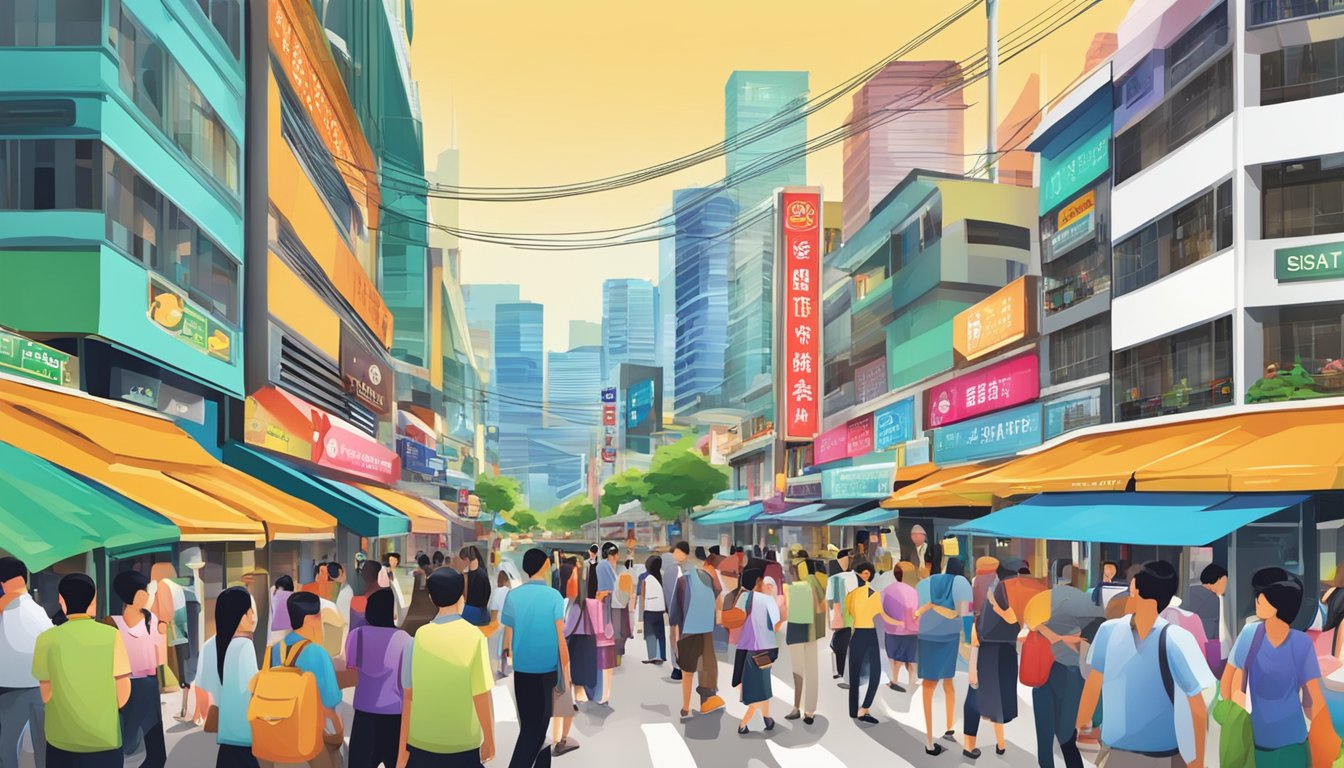 A bustling street near Maxwell, Singapore, with a prominent sign for the best licensed money lender. Bright colors and busy foot traffic