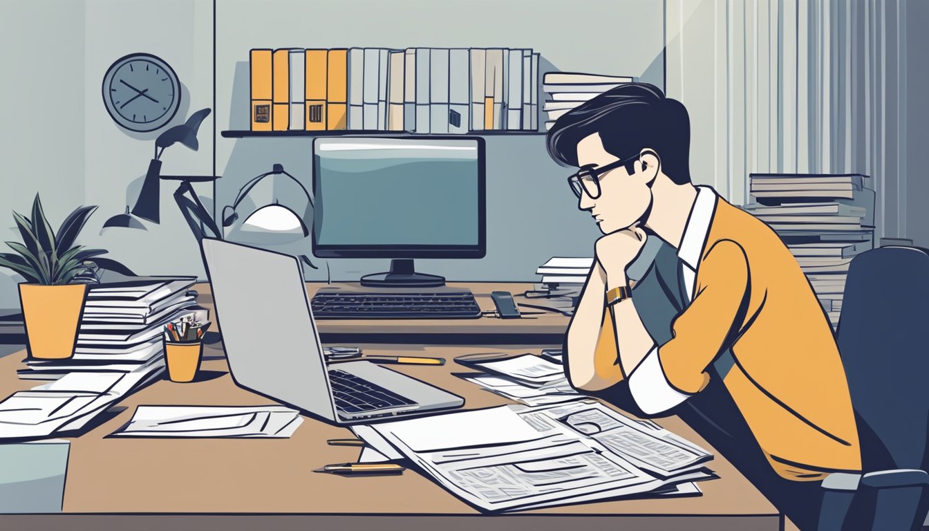 A person sits at a desk, surrounded by paperwork and a laptop. They are deep in thought, considering the best licensed money lender near Havelock, Singapore. The scene exudes a sense of careful consideration and seriousness