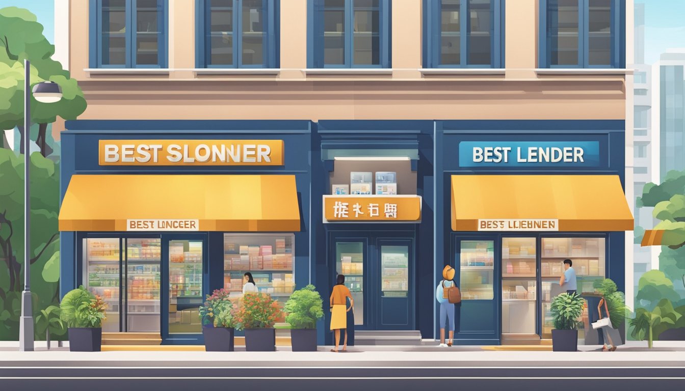 A bustling street in Bishan, Singapore, with a prominent sign reading "Best Licensed Money Lender" in bold letters. The storefront is clean and modern, with a steady stream of customers entering and exiting