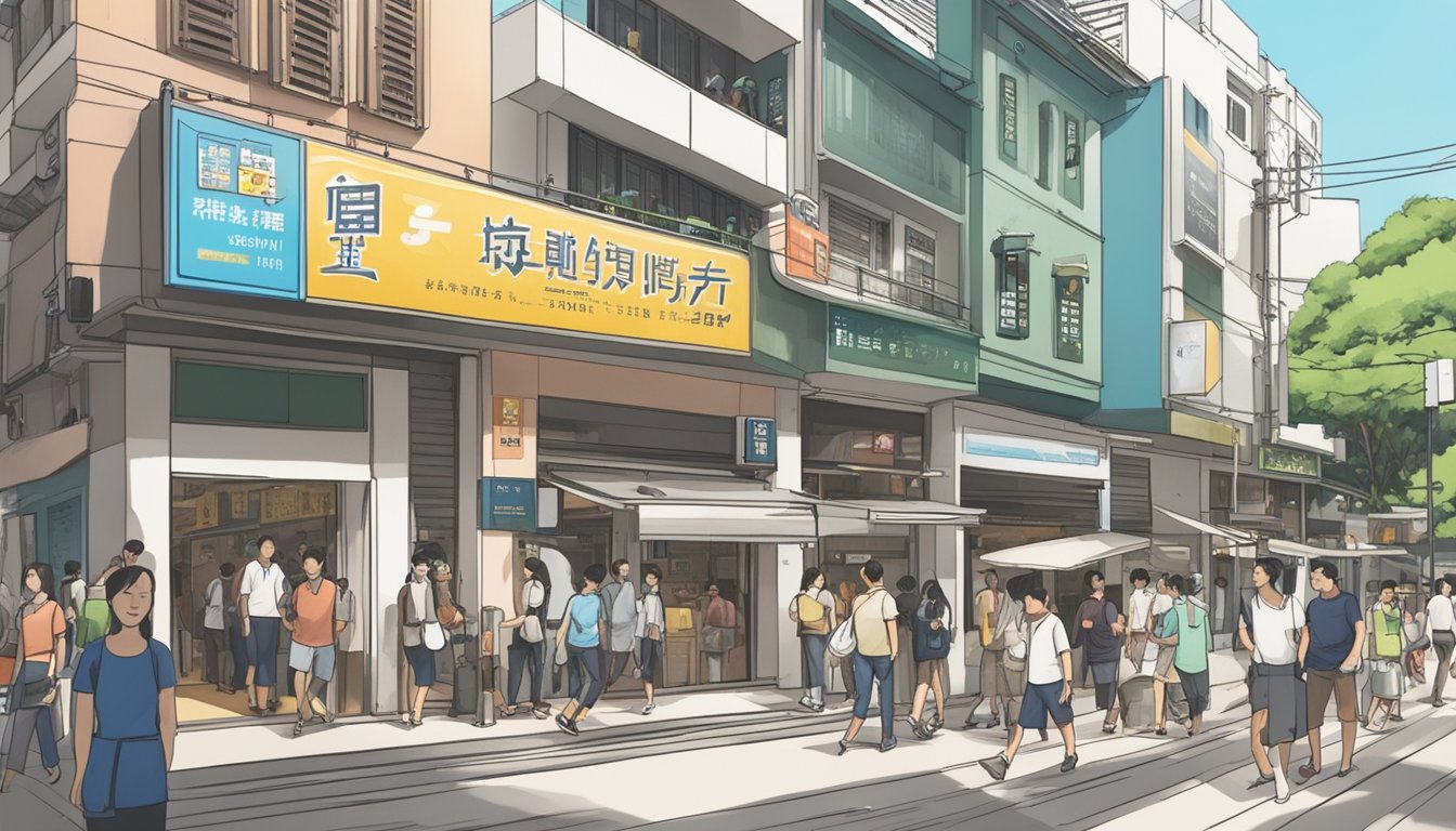 A bustling street in Bishan, Singapore, with a prominent sign advertising the best licensed money lender. People are seen entering and exiting the establishment, indicating its popularity and trustworthiness