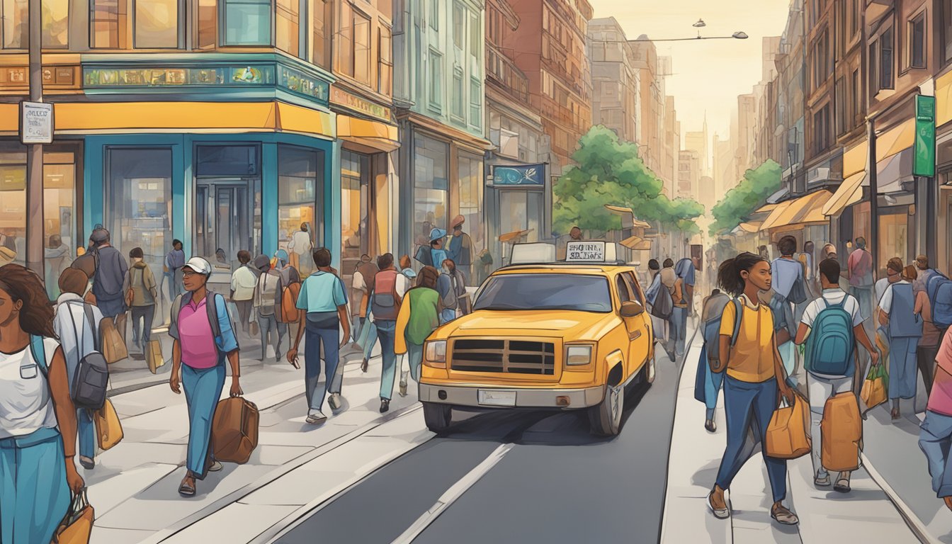 A bustling street near Maxwell with a prominent sign for a licensed money lender. People walking by, buildings in the background