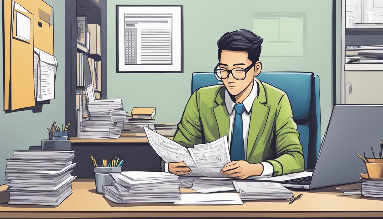 A person sitting at a desk, surrounded by paperwork and a laptop, with a calculator and pen in hand. A sign on the wall reads "Best Licensed Money Lender Near Bishan Singapore."