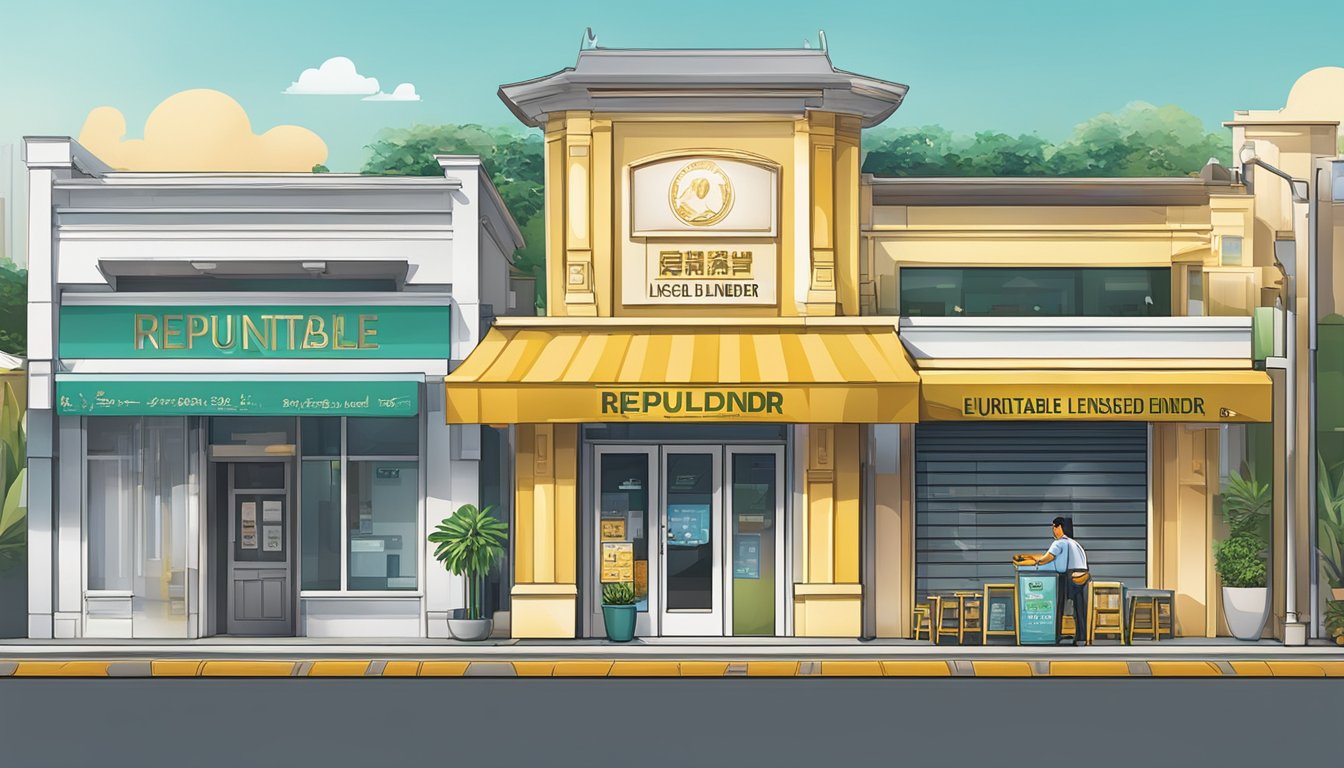 A storefront sign reading "Reputable Licensed Money Lender" near Maxwell, Singapore. Bright, welcoming exterior with clear signage