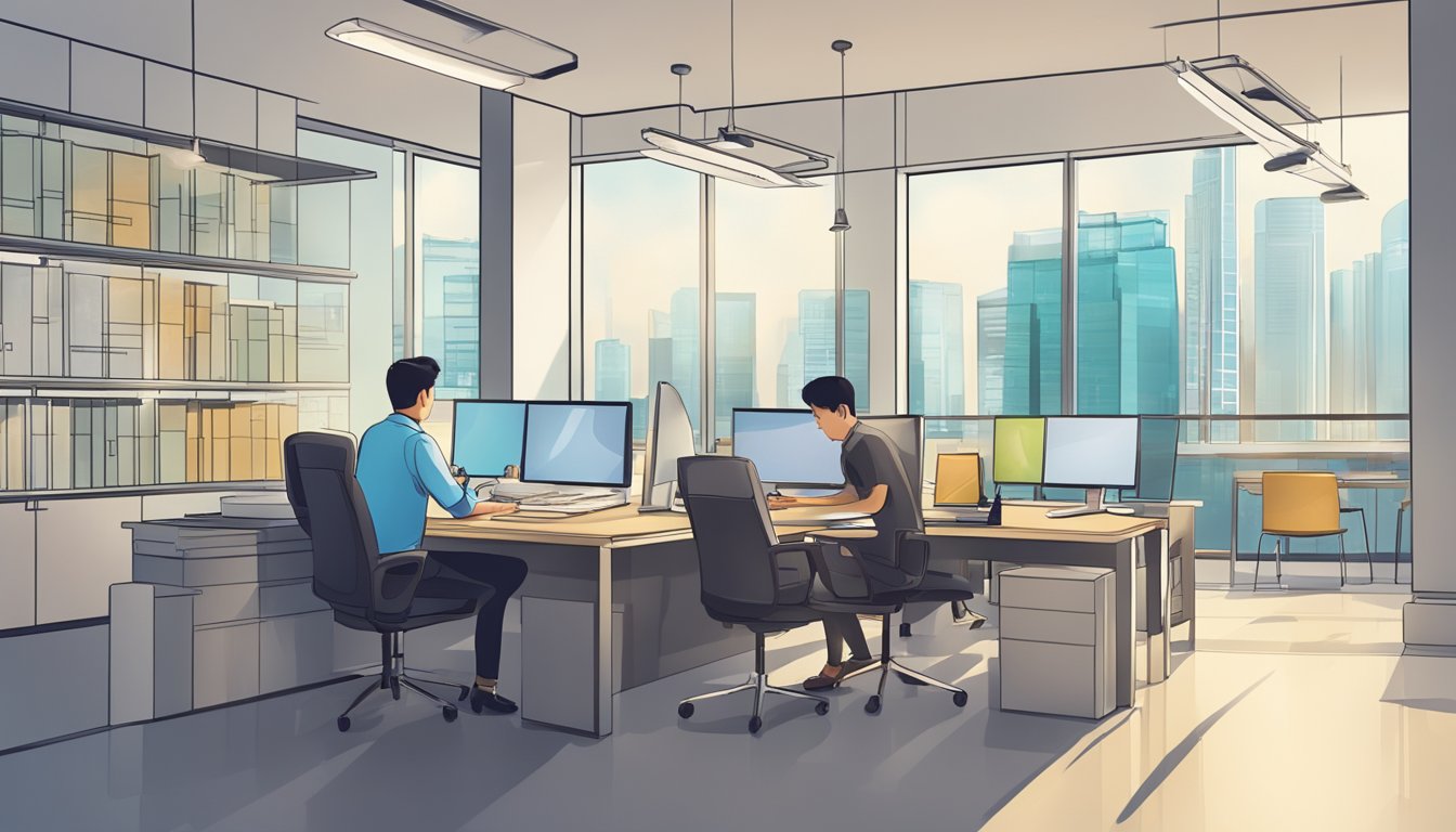 A well-lit office with a sign displaying "Best Licensed Money Lender Near Maxwell Singapore." A professional-looking individual is discussing loan terms with a client