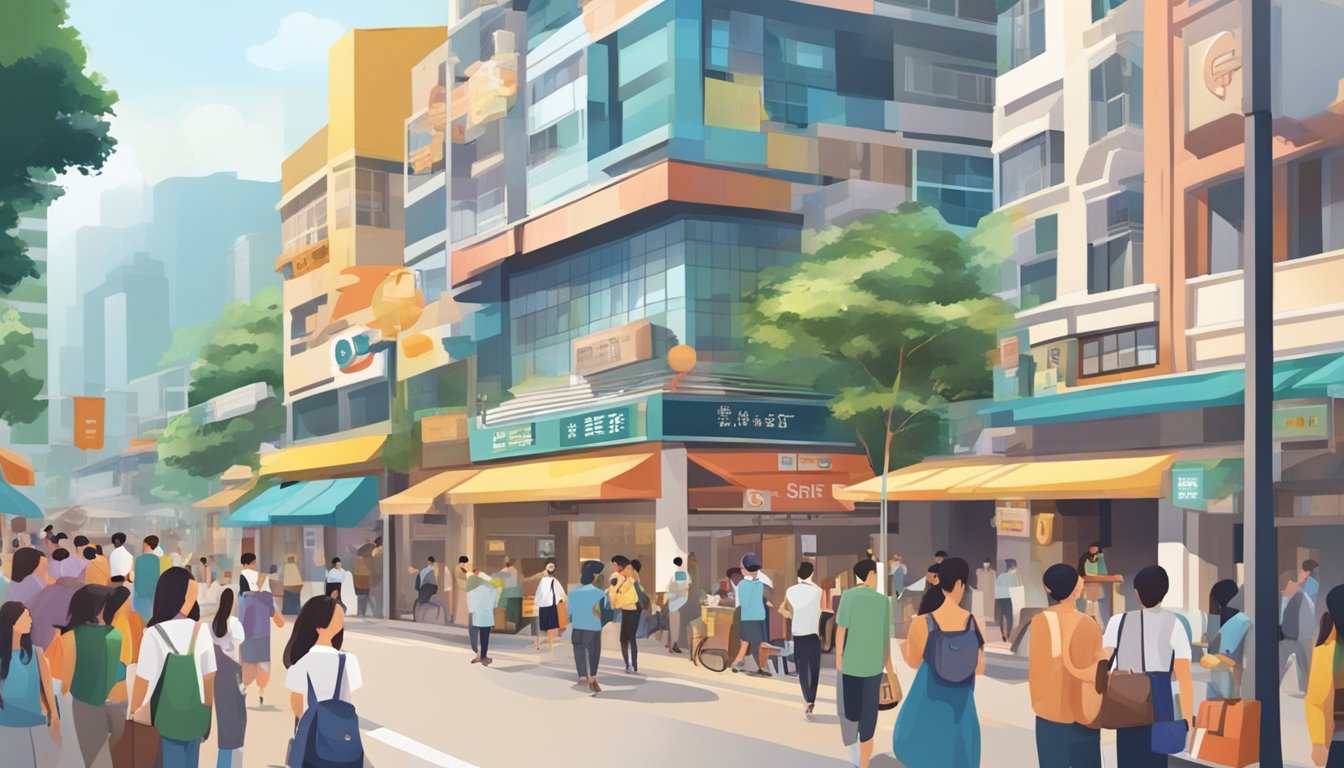 A bustling street in Bishan, Singapore, with a prominent sign for a licensed money lender, surrounded by curious passersby and busy shops